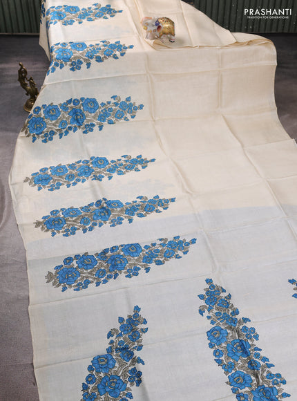 Pure tussar silk saree cream and blue with floral block prints in borderless style