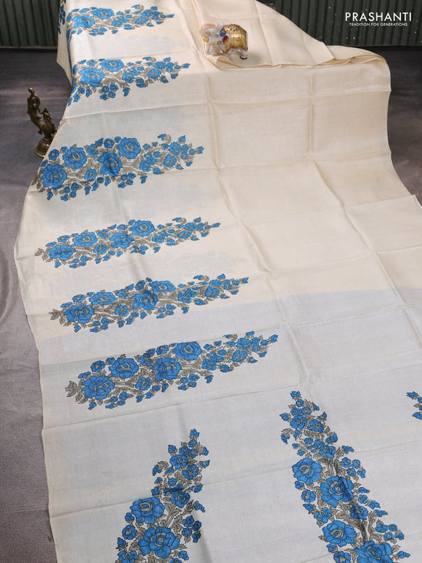 Pure tussar silk saree cream and blue with floral block prints in borderless style