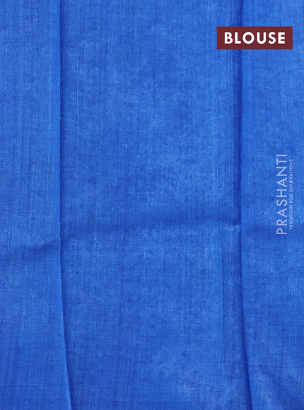 Pure tussar silk saree cream and blue with floral block prints in borderless style
