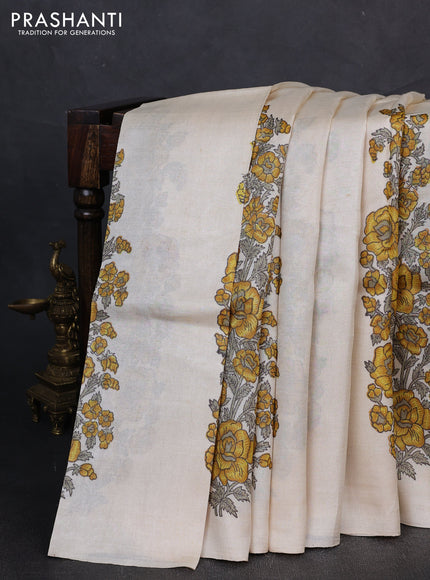 Pure tussar silk saree cream and mustard yellow with floral block prints in borderless style
