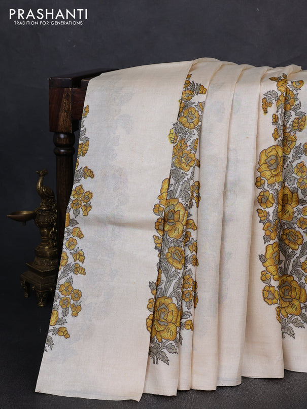 Pure tussar silk saree cream and mustard yellow with floral block prints in borderless style