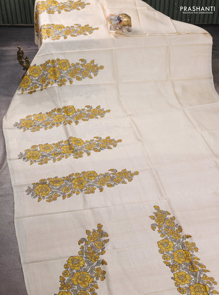 Pure tussar silk saree cream and mustard yellow with floral block prints in borderless style