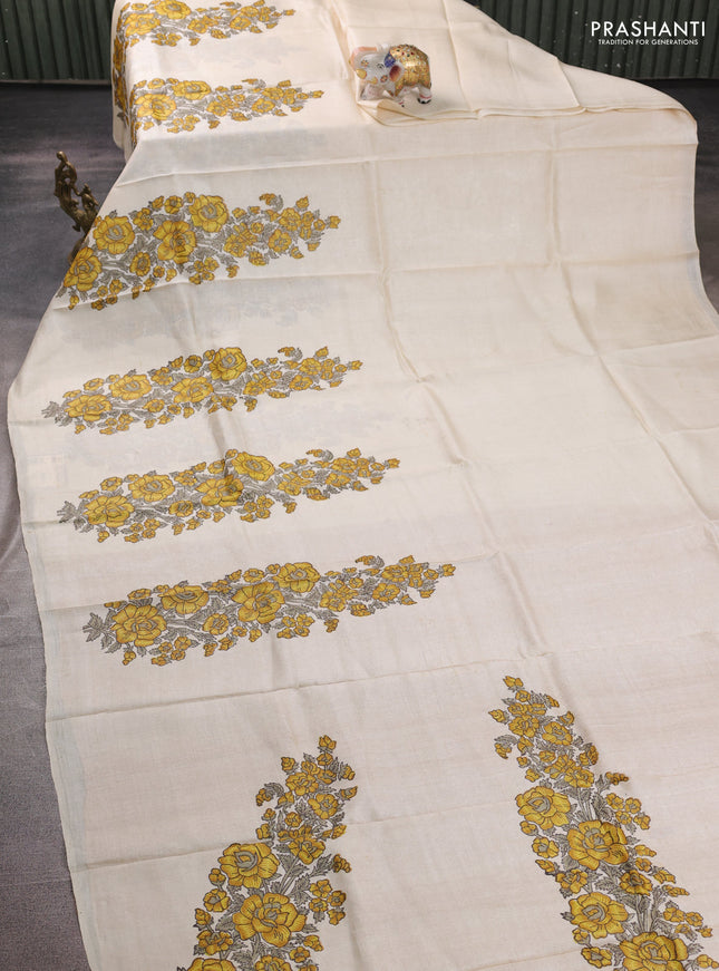 Pure tussar silk saree cream and mustard yellow with floral block prints in borderless style