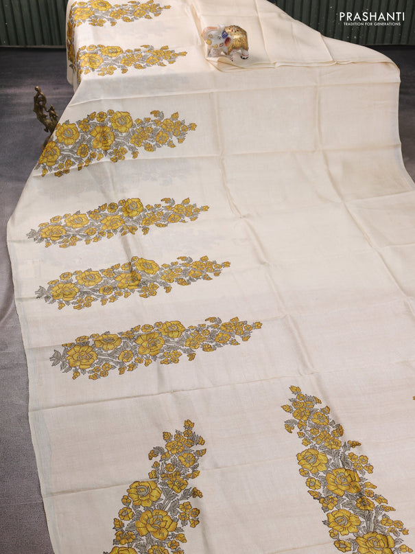 Pure tussar silk saree cream and mustard yellow with floral block prints in borderless style