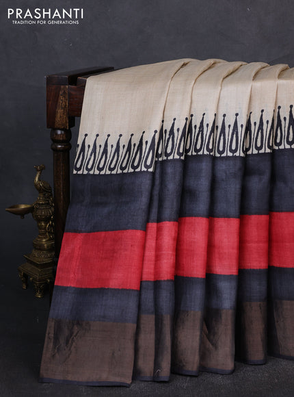 Pure tussar silk saree cream and maroon black wirh plain body and long printed zari border