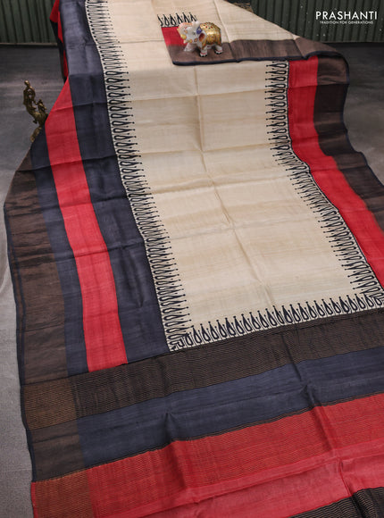 Pure tussar silk saree cream and maroon black wirh plain body and long printed zari border