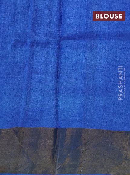 Pure tussar silk saree cream and blue wirh plain body and long printed zari border