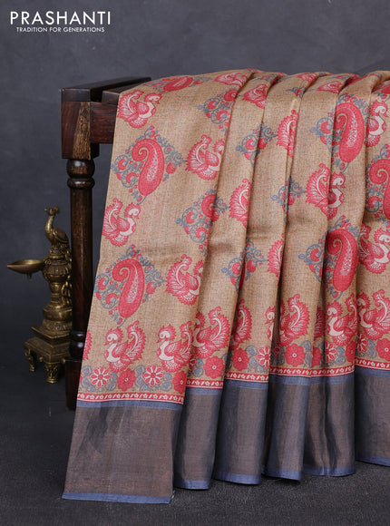 Pure tussar silk saree sandal and grey with allover kalamkari prints and zari woven border