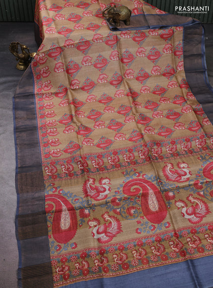 Pure tussar silk saree sandal and grey with allover kalamkari prints and zari woven border