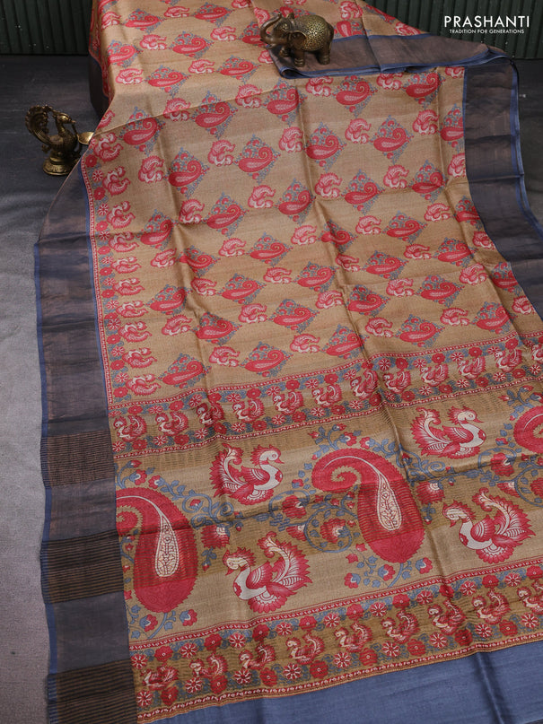 Pure tussar silk saree sandal and grey with allover kalamkari prints and zari woven border