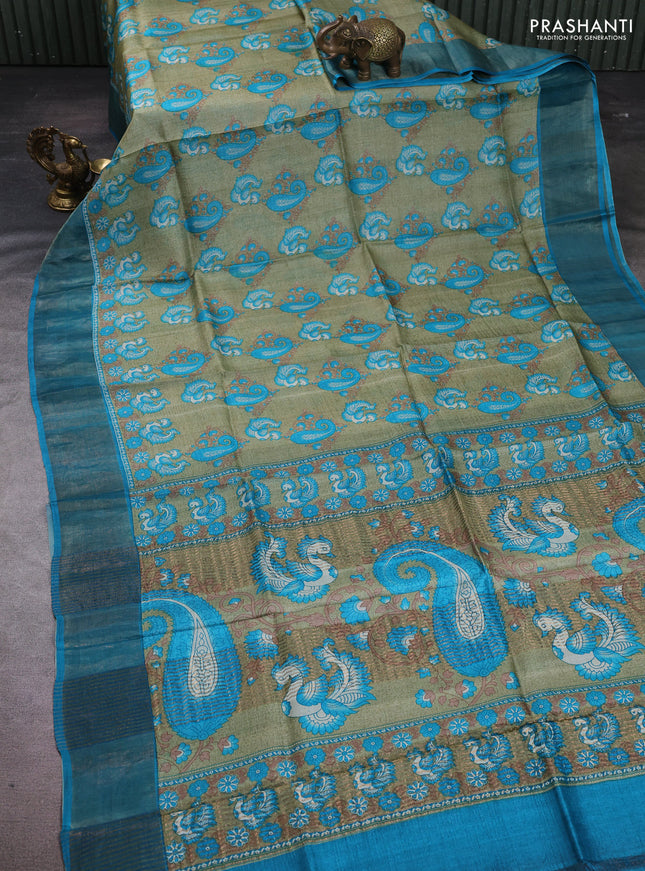 Pure tussar silk saree pastel green and cs blue with allover kalamkari prints and zari woven border
