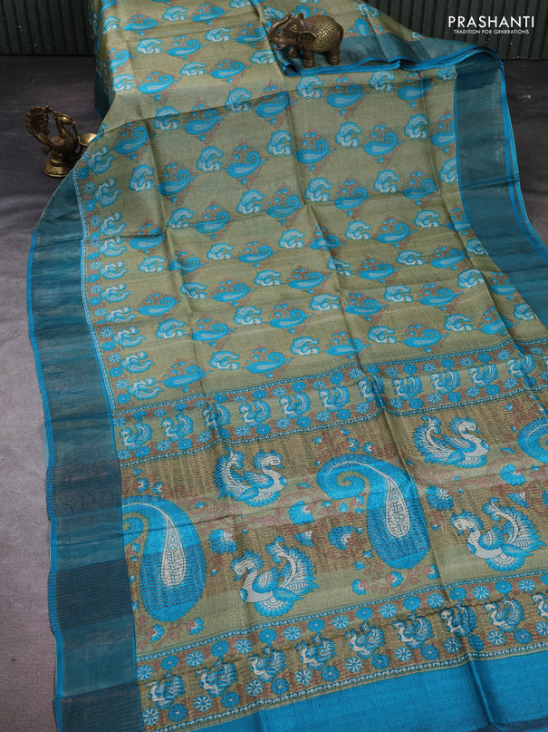 Pure tussar silk saree pastel green and cs blue with allover kalamkari prints and zari woven border