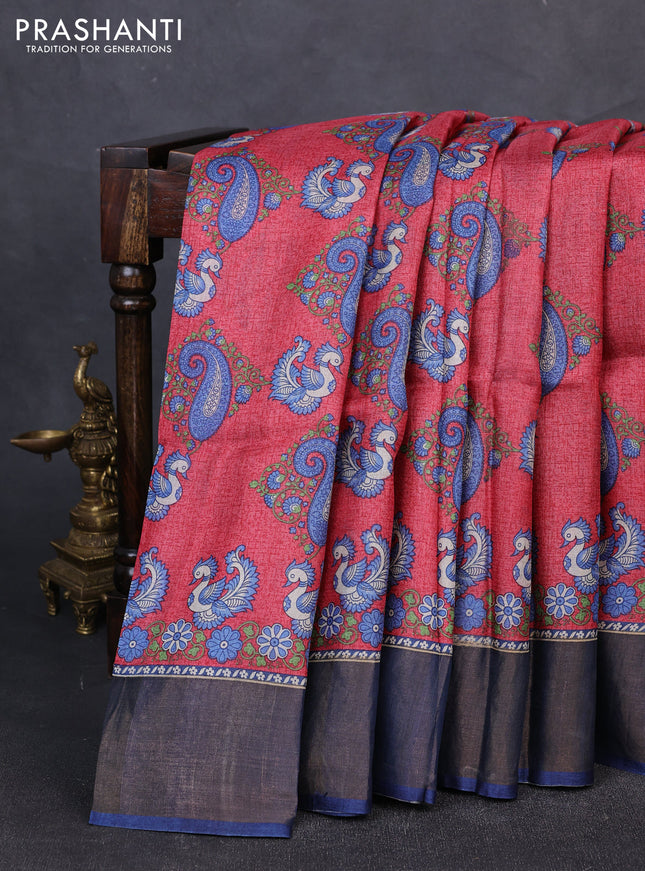 Pure tussar silk saree red and blue with allover kalamkari prints and zari woven border