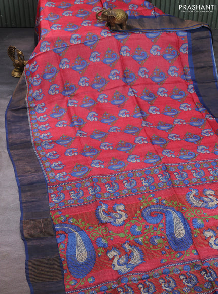 Pure tussar silk saree red and blue with allover kalamkari prints and zari woven border