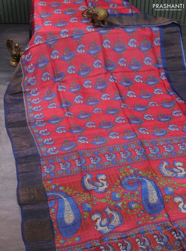 Pure tussar silk saree red and blue with allover kalamkari prints and zari woven border