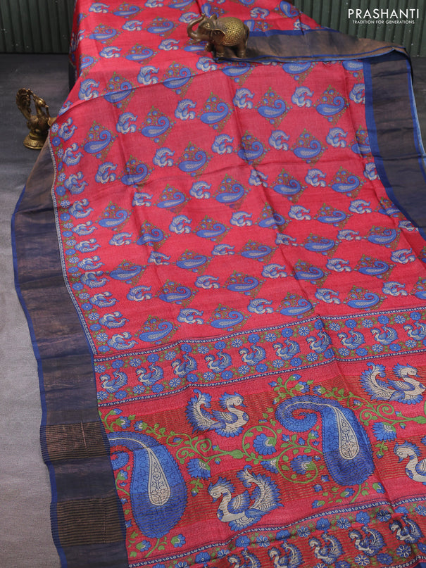 Pure tussar silk saree red and blue with allover kalamkari prints and zari woven border