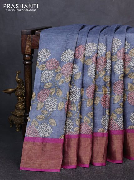 Pure tussar silk saree greyis blue and purple shade with floral prints and zari woven border