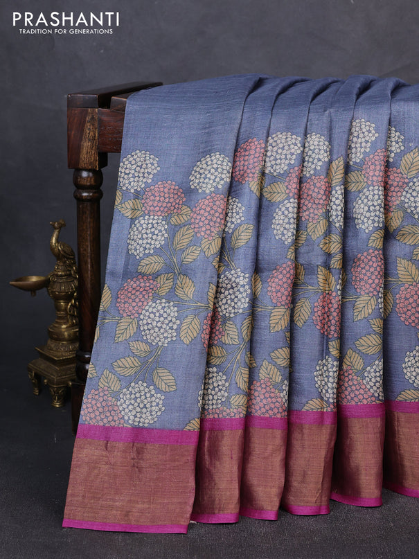 Pure tussar silk saree greyis blue and purple shade with floral prints and zari woven border
