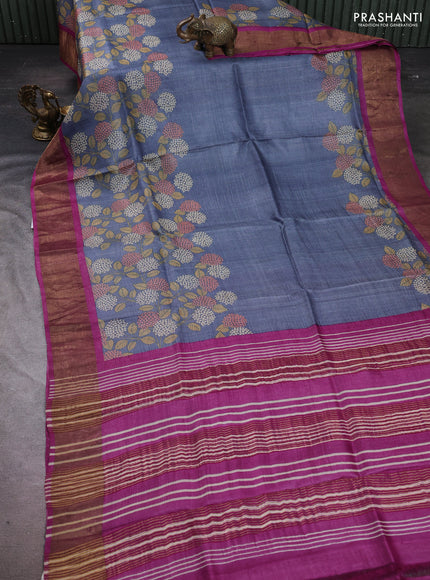 Pure tussar silk saree greyis blue and purple shade with floral prints and zari woven border