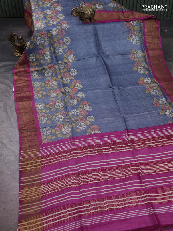 Pure tussar silk saree greyis blue and purple shade with floral prints and zari woven border