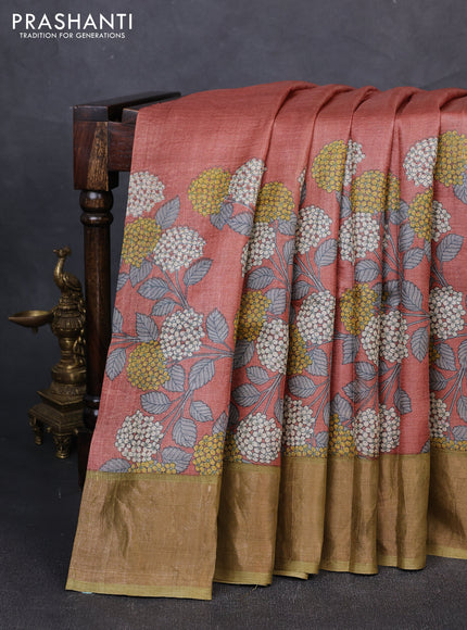 Pure tussar silk saree pastel brown and mehendi green with floral prints and zari woven border