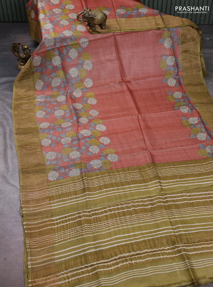 Pure tussar silk saree pastel brown and mehendi green with floral prints and zari woven border