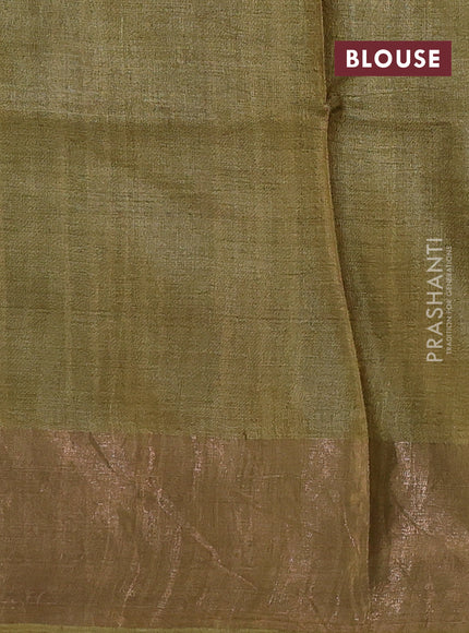 Pure tussar silk saree pastel brown and mehendi green with floral prints and zari woven border