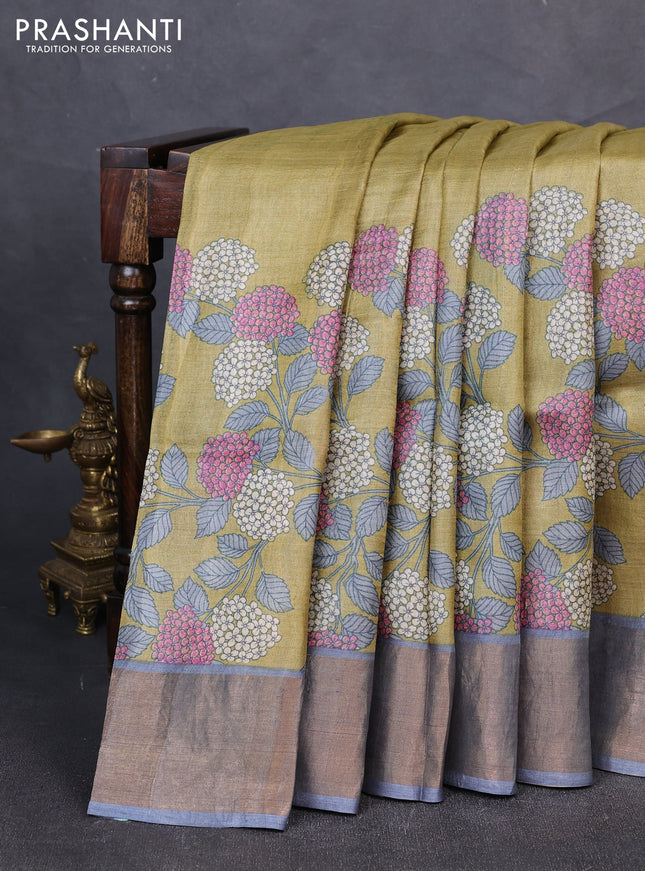 Pure tussar silk saree mehendi green and grey with floral prints and zari woven border