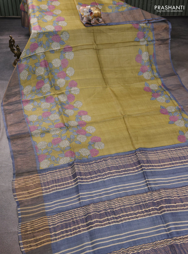 Pure tussar silk saree mehendi green and grey with floral prints and zari woven border