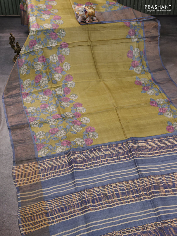 Pure tussar silk saree mehendi green and grey with floral prints and zari woven border