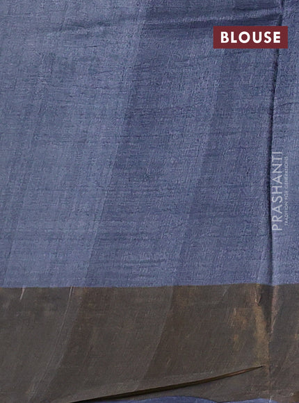 Pure tussar silk saree mehendi green and grey with floral prints and zari woven border