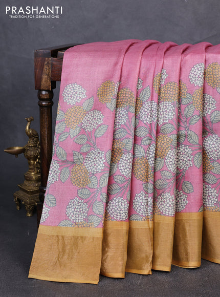 Pure tussar silk saree pink and dark mustard with floral prints and zari woven border