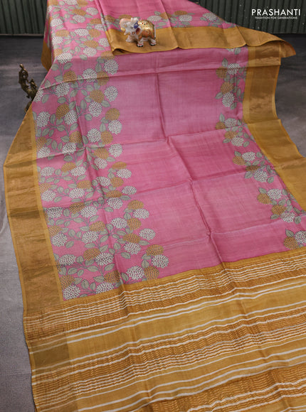Pure tussar silk saree pink and dark mustard with floral prints and zari woven border