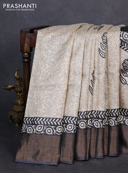 Pure tussar silk saree black with allover prints and zari woven border