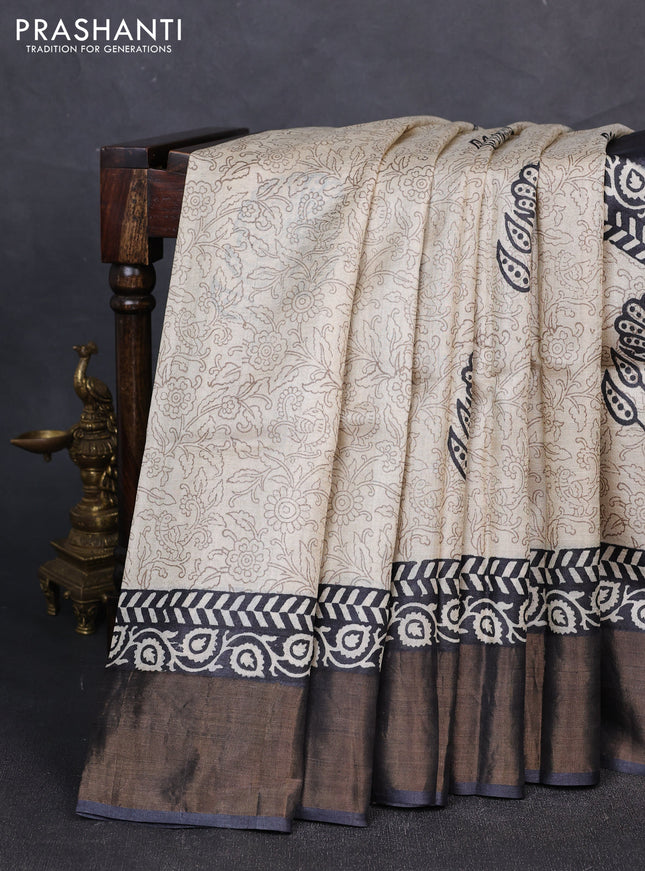 Pure tussar silk saree black with allover prints and zari woven border