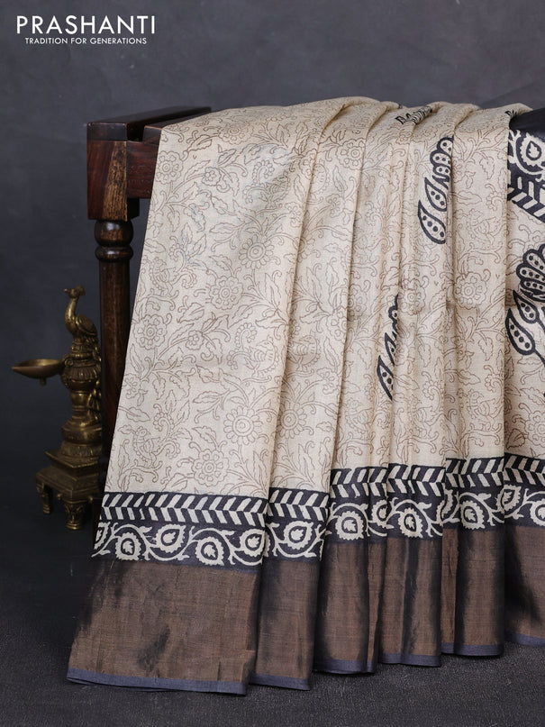 Pure tussar silk saree black with allover prints and zari woven border