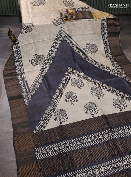 Pure tussar silk saree black with allover prints and zari woven border