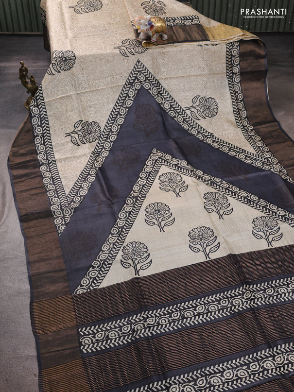Pure tussar silk saree black with allover prints and zari woven border