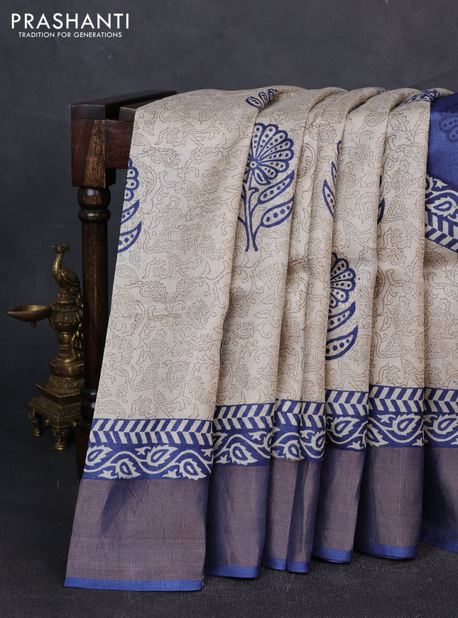 Pure tussar silk saree blue with allover prints and zari woven border
