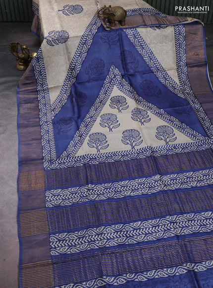 Pure tussar silk saree blue with allover prints and zari woven border