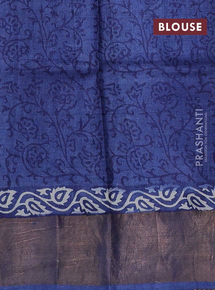 Pure tussar silk saree blue with allover prints and zari woven border