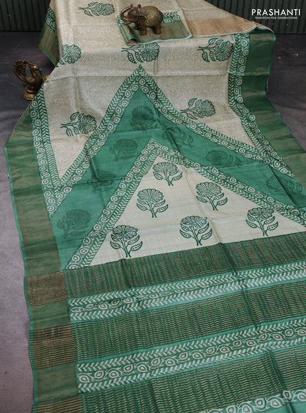 Pure tussar silk saree green with allover prints and zari woven border