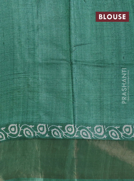 Pure tussar silk saree green with allover prints and zari woven border