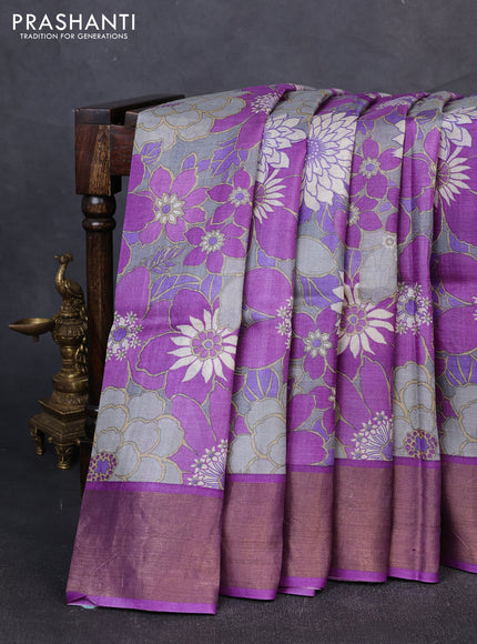 Pure tussar silk saree grey and purple with allover floral prints and zari woven border
