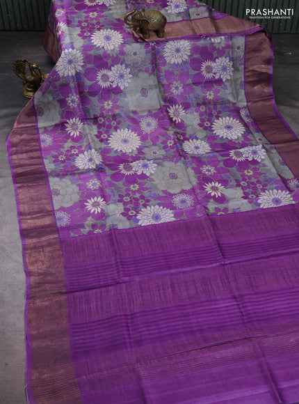 Pure tussar silk saree grey and purple with allover floral prints and zari woven border