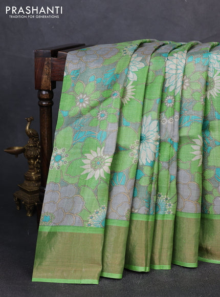 Pure tussar silk saree grey and parrot green with allover floral prints and zari woven border