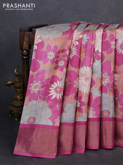Pure tussar silk saree peach shade and magenta pink with allover floral prints and zari woven border