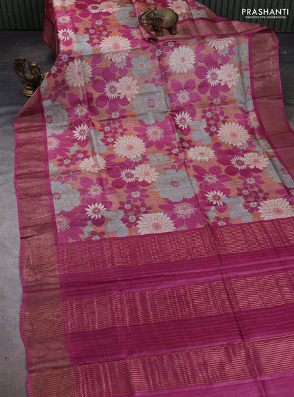 Pure tussar silk saree peach shade and magenta pink with allover floral prints and zari woven border