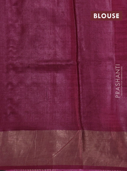 Pure tussar silk saree peach shade and magenta pink with allover floral prints and zari woven border