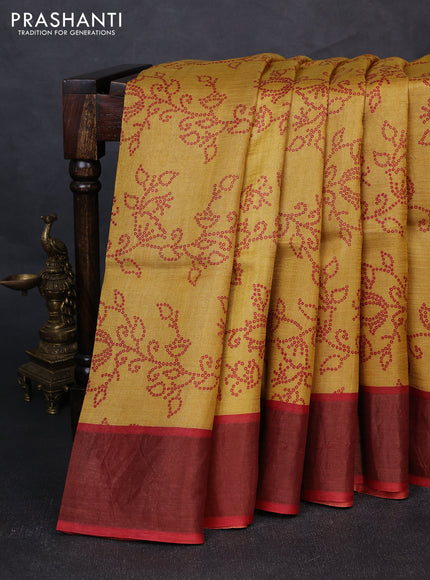 Pure tussar silk saree mustard yellow and rustic orange with allover bandhani prints and zari woven border